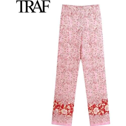TRAF Za Womens Clothing French Fashion Floral Print Pants Casual Vintage Full Length Trousers Female High Waisted Pants
