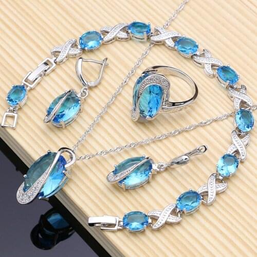Sky Blue Cubic Zirconia 925 Silver Bridal Jewelry Sets Ring for Women Earrings with Stone Bracelet Necklace Set Dropshipping