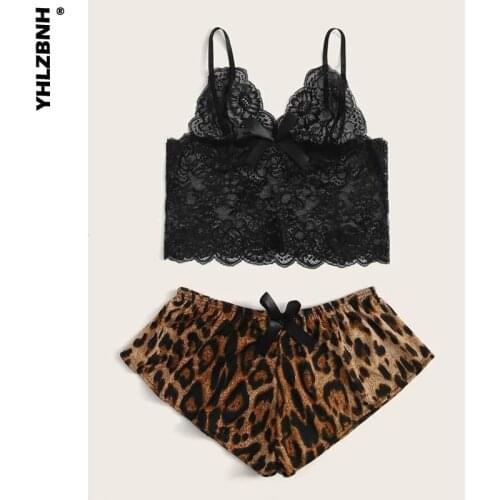 Summer Women Sexy Underwear Set Women Fashion 2 Piece Solid V Neck Strap Lace Chest Wrap + Leopard Print Shorts Kit Underwear