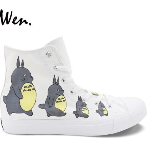 Wen Design Anime Shoes White Hand Painted My Neighbor Totoro High Top Unisex Canvas Sneakers Boy Girl Shoes Skateboarding