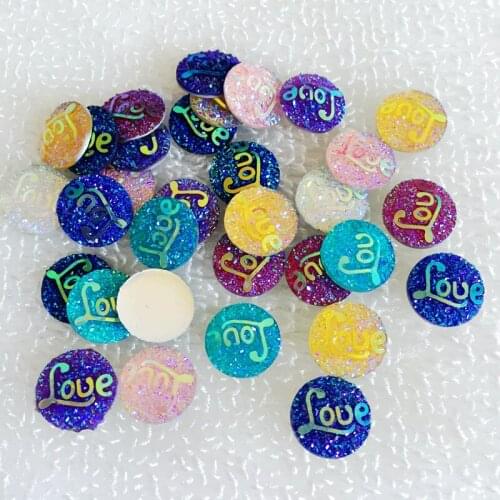 80PCS 12mm Round "LOVE" stone Flatback AB Resin strass E16