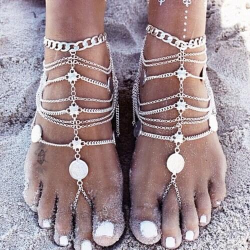 Summer Beach Jewelry Bohemian Silver Color Coin Tassel Anklets for Women Ankle Bracelet Barefoot Boho Foot Jewelry
