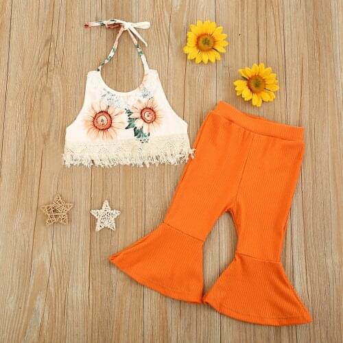 Girl’s Summer Camisole Trousers Suit Sweet Sunflower Halter Tops and Solid Color Trumpet Pants