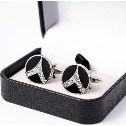 Fashion Shirt Cufflinks For Men High Quality Round Black Enamel Cuff Button White Crystal Silvery Jewelry Groom Wedding Gift