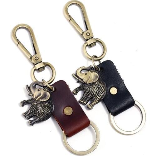 Fashion Vintage Punk Key Chain Metal Elephant Pendant Genuine Leather Charm Key Ring Women Men Handbag Car Holder Retro Keychain