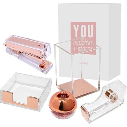 5pcs/set Exquisite Acrylic Office School Supplies Set Pen Holder Stapler Tape Seat Note Box Paper Clip Creative Student Gift