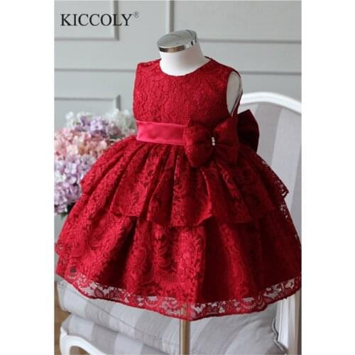 2017 New Baby Girl Dress 6-24M Red And Gray Bow Ball Gown Baby Girls Birthday Dresses Vestido Infant Baptism Christening Dress