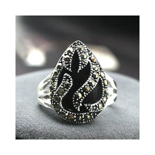 11*14mm NEW INLAY BLACK Natural Stone MARCASITE 925 STERLING SILVER RING SIZE 7/8/9/10