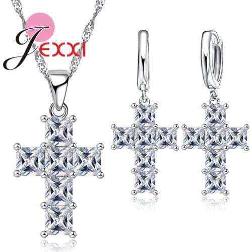New Fashion Women Jewelry Sets Crystal Cross Necklace Earrings Dangle Pendants 925 Sterling Silver Crystal Wedding Party