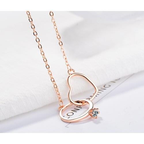 925 Sterling Silver Charming Zircon Double Circle Heart Necklace For Women Valentines Gift Wedding Jewelry S-N261