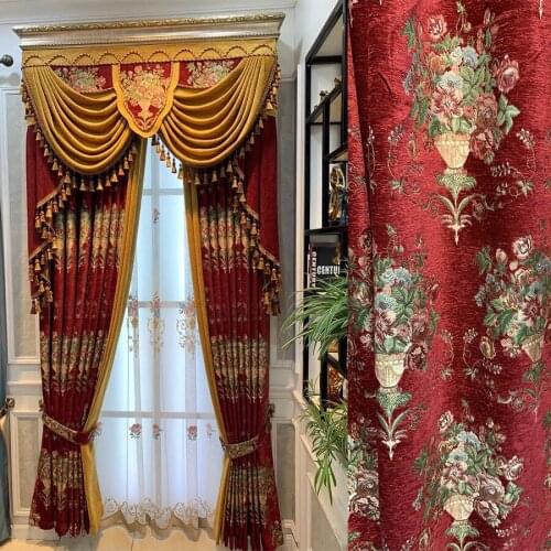 European top luxury red jacquard blackout curtains for living room high-quality decorative villa curtains for bedroom apartments