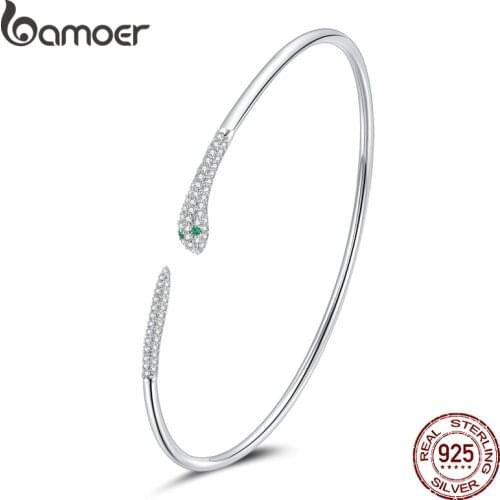 Bamoer Silver Snake Opening Bracelet 925 Sterling Silver Spirit Snake Bangle Bracelet Gift for Women Engagement Jewelry SCB206