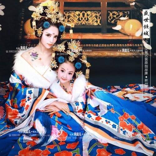 Shengshiqingcheng TV Play Legend of Tang Empress Wu Mei Niang Same Design Blue Print Empress Costume Mother Daughter Costume Set