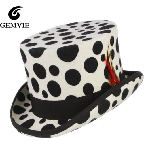 GEMVIE 100% Wool Felt Feather White Top Hat Handmade Cow Print Cylinder Hat For Women Men Mad Hatter Costume Accessory Fedora