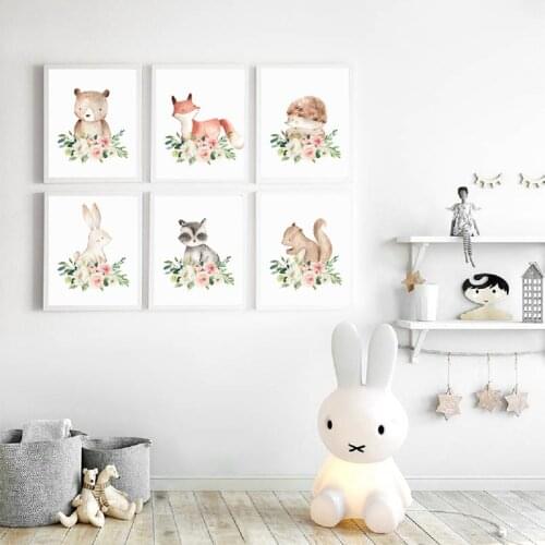Woodland Nursery Decor Baby Girl Wall Art Woodland Animals Print Nordic Posters Watercolor Blush Pink Flower Canvas Painting
