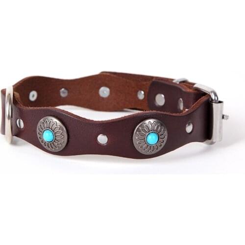 Retro Genuine Leather Dog Collar Personalized Ethnic Pet Necklace With Flower Pattern Green Red Bead Basic Collar For Big Dogs