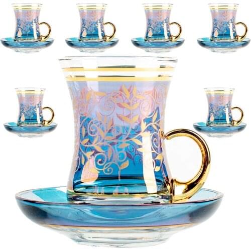 Vintage Turkish Tea Glasses Cups and Saucers Set of 6 with Handle Gold Decors for Serving and Drinking Housewarming Gift for Hom