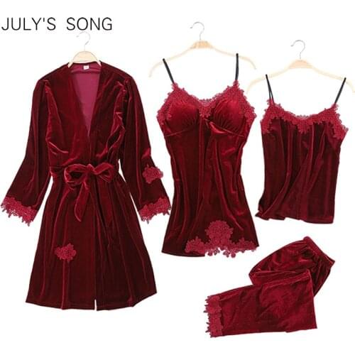 JULYS SONG High Quality Autumn Winter Warm Pajama Set 4 Peices Gold Velvet Women Sexy Lace Robe Sleepwear Sleeveless Pink