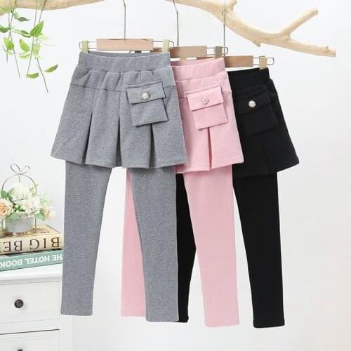 Girls Sports Bottoming Pleated Skirt Pants New 2021 Childrens Outer Wear Leggings Fake two-piece Hakama Cotton Girl Trousers