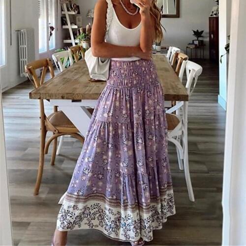 Women Casual Skirt 2021 Ankle-length Skirt Skin-friendly Elastic Floral Printed Women Flower Ethnic Print Long Skirt for Dating