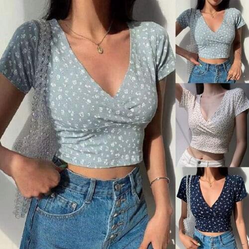 2021 Summer Women Short Sleeve Ladies T Shirts Short Tops Print V Neck Crop Tops Above Belly Slim Casual Tops Tees Female Shirts