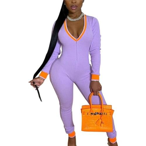 Women Fashion Ribbed Jumpsuits Casual Letters Sleeves V-neck Zippers Rib Bodysuit Skinny Raised Lines Pattern Outdoor Wear