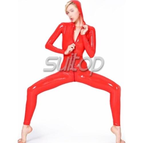 100% handmade nature latex sexy red catsuit attached cap rubber body suit form women