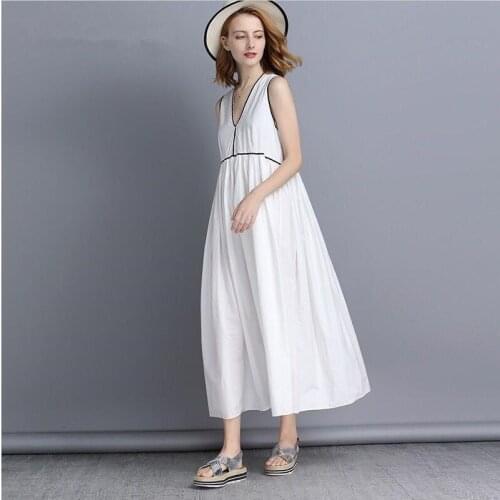 2020 Women Summer Casual Loose Thin Cotton and Linen Long Dress V-Neck Solid Tank Dress Vestidos Plus Size Dress M-7XL