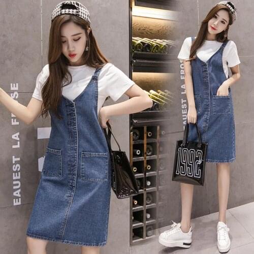 Woman Plus Size Denim Dress 2019 New Korean Style Woman Knee-length Spaghetti Strap Denim A Line Overall Dress Fashion Sundress