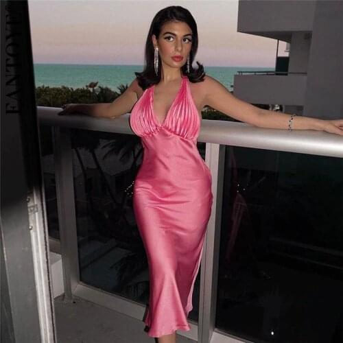 Fantoye Sexy Backless V-neck Halter Women Dress Pink Sleeveless Lace Up Ruched Dresses Ladies Summer Fashion Partywear Vestidos