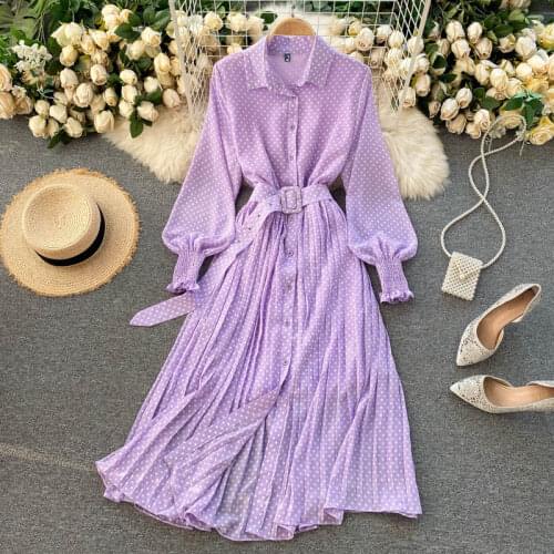 SINGREINY Women Retro Polka Dot Dress Turn-down Collar Puff Sleeve Button Sashes Dresses Autumn Fashion Streetwear Long Dress