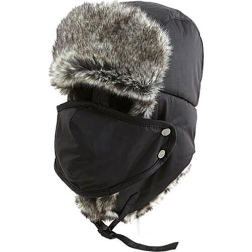 Winter Thick Warm Windproof Bomber Hats Men Black Grey Faux Fur Earflap Caps Russian Aviator Ushanka Hat Outdoors Skiing 60cm