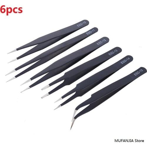 1/6 Pcs Anti-static ESD Stainless Steel Tweezers Maintenance Tools Industrial Precision Curved Straight Tweezers Repair Tools