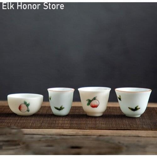 2pc/Set Hand Painted Peach Art White Porcelain TeaCup Kung Fu Tea Maker Small Single Master Cup Ceramic Cups Bowl Tea Ceremony