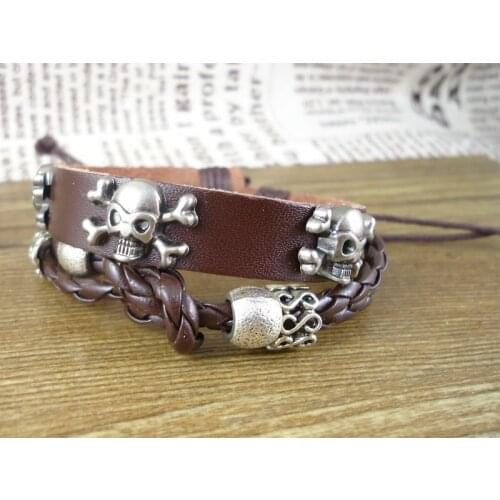 2013 trendy handmade punk skeleton skull heads charms wrap belt buckle unisex mens leather Bracelet for women
