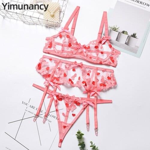 3-Piece Lace Bra Set Women Transparent Heart Embroidery Bra Underwire + Thong Underwear Set Sexy Lingereie Set
