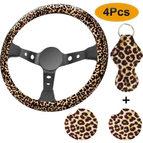 4PC Leopard Auto Parts Steering Wheel Cover & Keychain & Car Coasters Universal Waterproof Anti-skid Elasticity Protective Cover