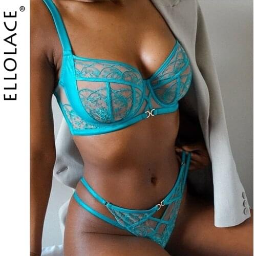 Ellolace Lingerie Underwear Set Fancy Embroidery Bra Underwire Push Up Brief Sets Erotic Transparent Lace Floral Sex Intimate