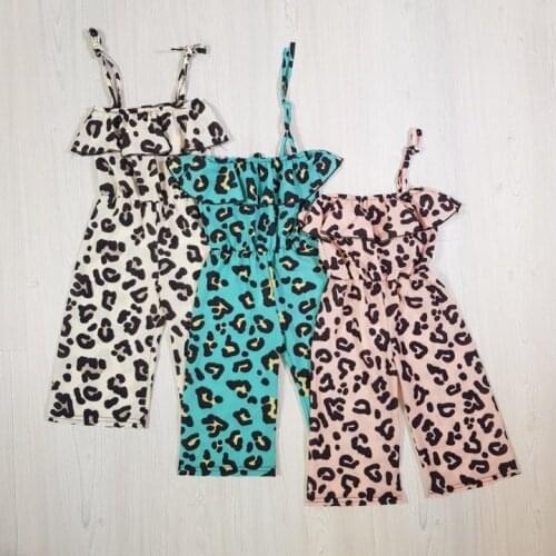 FOCUSNORM Fashion Kids Girls Jumpsuits Leopard Printed Halter Strap Sleeveless Ruffle Jumpsuits 1-6Y