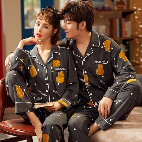 SLPBELY Cotton Pajamas For Couples Sleepwear Set Solid Printing Lapel Long Sleeve Men Women Pyjamas Sleepwear Pijamas Suit 2021
