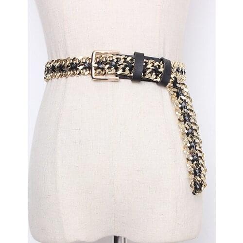 Siver Gold Weaving Metal Chain PU Waist Belt Fashion Punk Waistband Wide Metal Waist Chain European Dress Shirt Suit Jean Belt