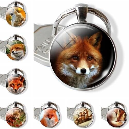 Lovely Fox Picture Glass Cabochon Keychain Animal Pendant Metal Key Rings Christmas Gifts for Kids Dropshipping