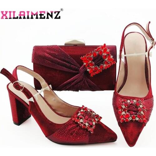 Latest Style Ladies Pointed Toe Shoes With Matching Bag Set African Rhinestone High Heels Sandals And Bag Set in Wine Color