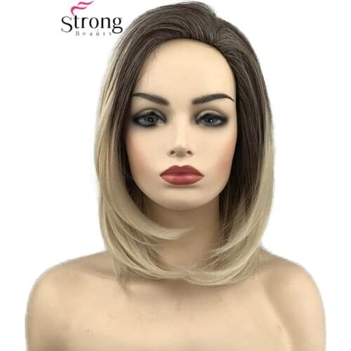 StrongBeauty Short Ombre Brown Blonde Straight Bob Hair Wig Synthetic Wigs for Women