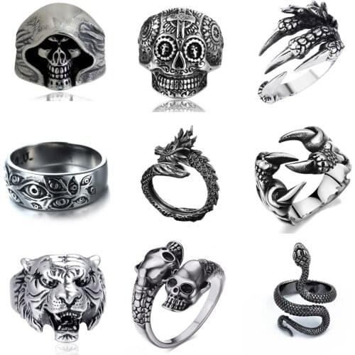 Retro Punk Snake Dragon Skull Tiger Eye Ring Men And Women Exaggerated Antique Silver Opening Adjustable Ring Party Gift Jewelry
