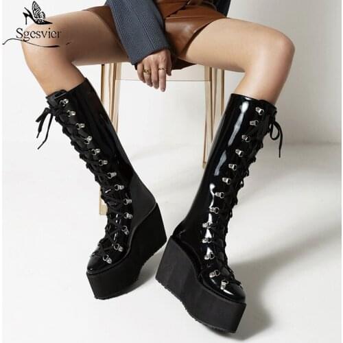 Sgesvier New Arrive Women Winter Shoes Hot Sale Fashion Ladies Boots Comfortable Concise Lace Up Black Punk Sexy Knee High Boots