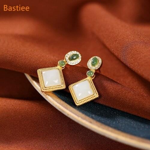 Bastiee Geometric Korean Earrings Earrings Silver 925 Jewelry For Women Jade Golden Plated Long Earrings Vintage