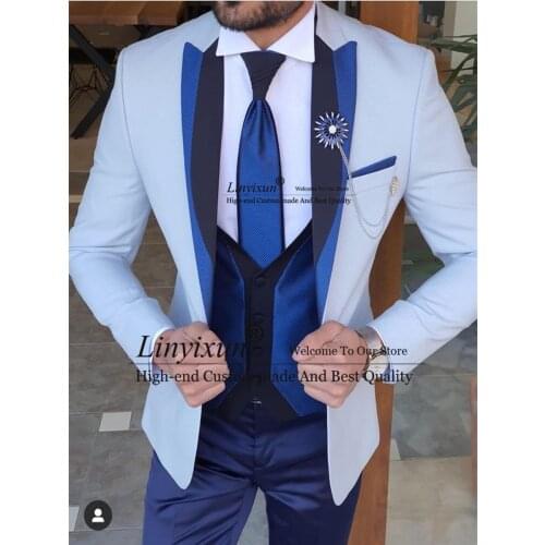 Light Blue Men Suits 3 Pieces 2021 Fashion Slim Fit Suits Groom Tuxedos Terno Wedding Blazer (Jacket+Pants+Vest) Costume Homme