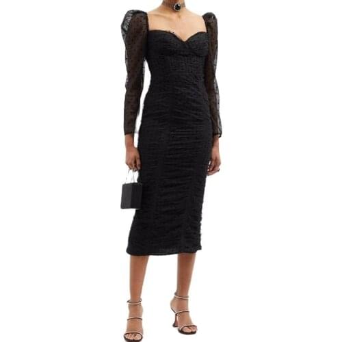 Vintage Black Polka Dot Mesh Midi Dresses for Women 2021 Spring Autumn Long Sleeve Draped Dress Female Sexy Strapless Vestidos