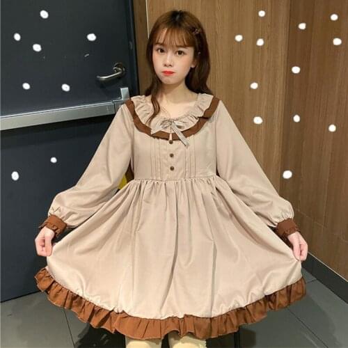 Japanese College Lolita round Neck Lantern Sleeve Bow High Waist Slimming Flounce Dress for Women Autumn sweet lolita dress